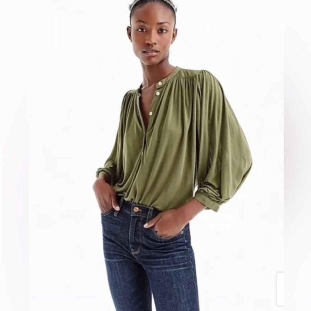 J. Crew Olive Green Popover Drapey Pleated Oversized Bohemian Blouse Women's XXS